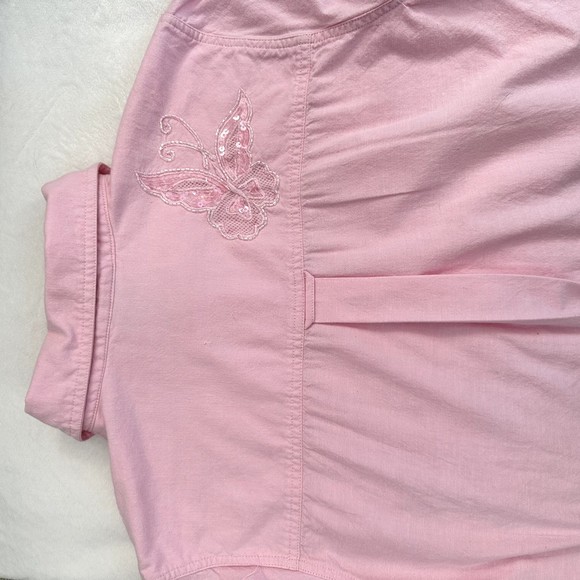 The Quacker Factory Shirt Floral Button Size M Soft Pink Sequin Embroidery Beads - Picture 4 of 15